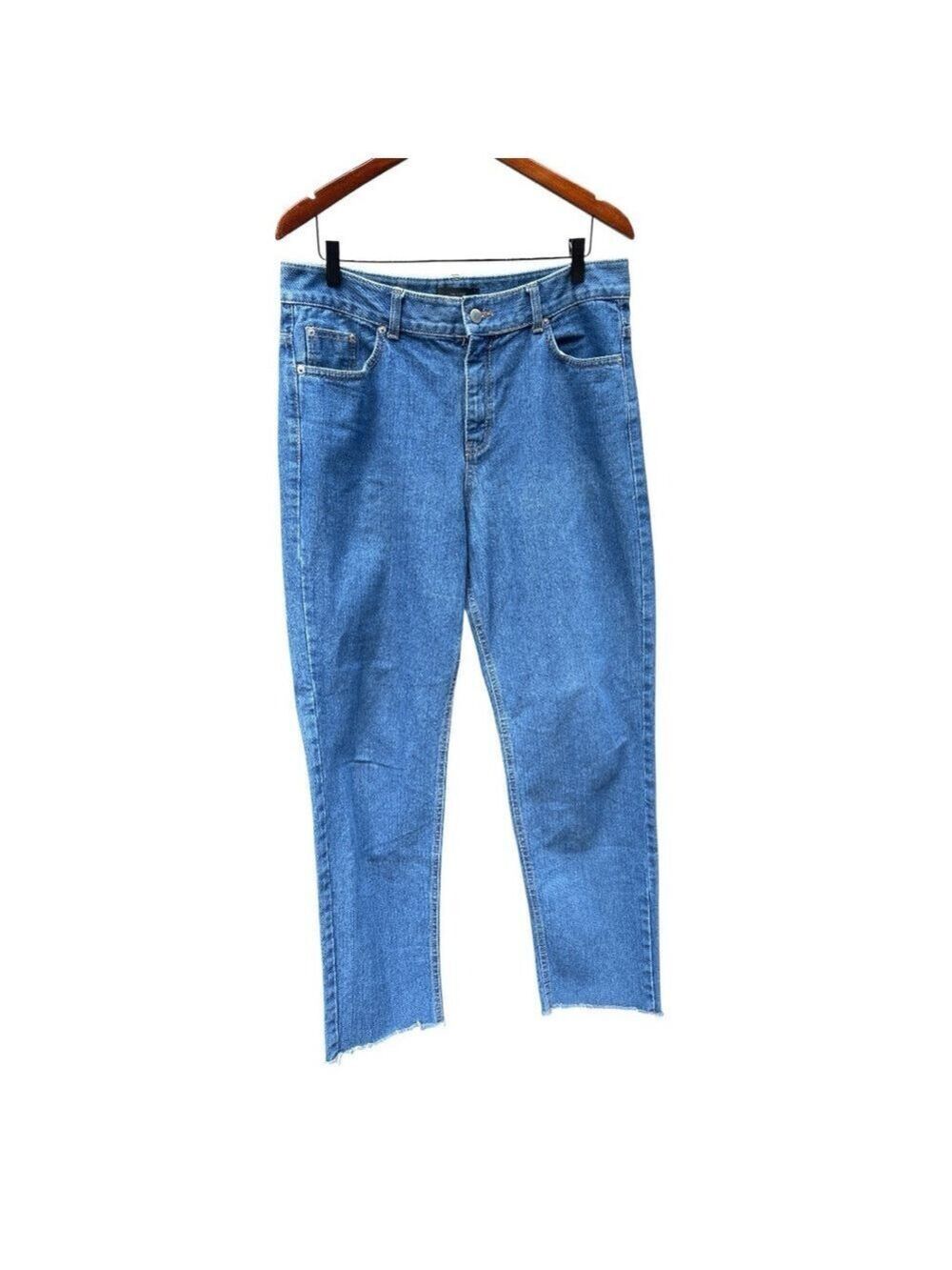 OAK + FORT L Blue high rise Mom tapered leg raw hem jeans